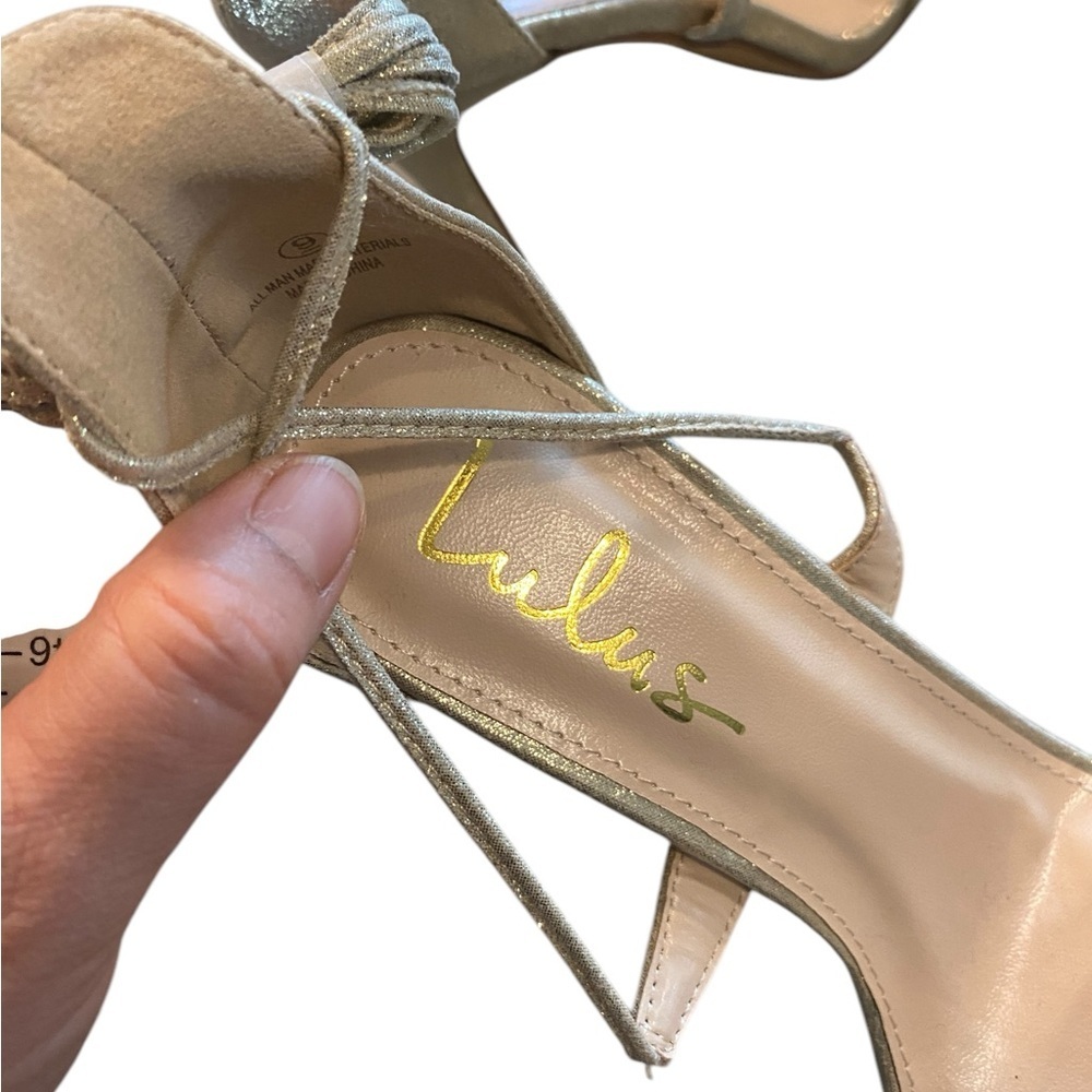 Lulus Aimee Champagne Metallic Lace-Up Heels
Gold Glam Black Tie NYE shoes - Picture 12 of 15
